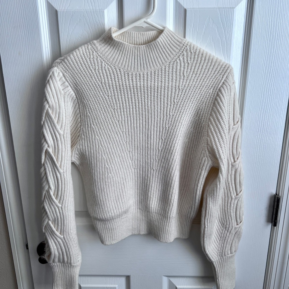 Express Conscious Edit Ivory Mock Neck‎ Braided Cable Sleeve Ribbed Sweater S